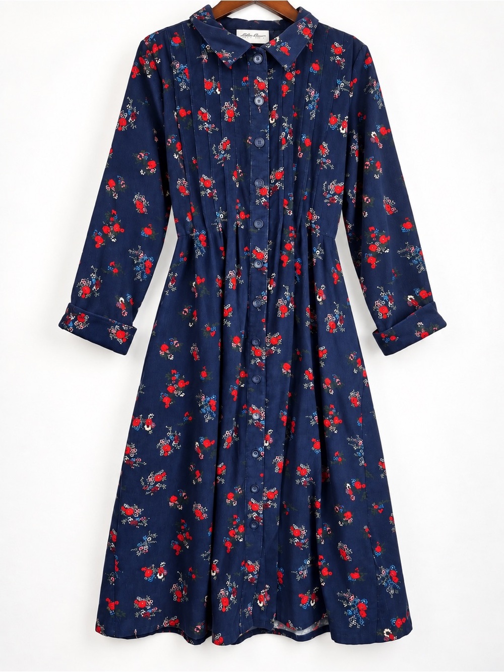 The Vermont Country Store Floral Corduroy Pintuck Dress Navy L